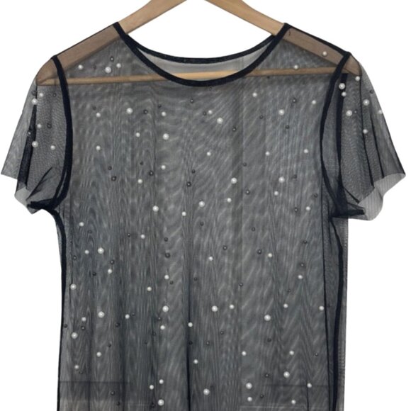 UNBRANDED | Women's Black Sheer Pearl Studded Sheer Dress | Size S - Picture 2 of 9